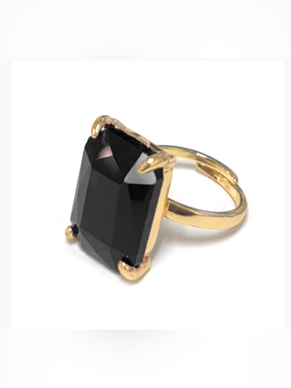 Black Adjustable Brass Rectangle Glass Stone Mirror Gold Ring